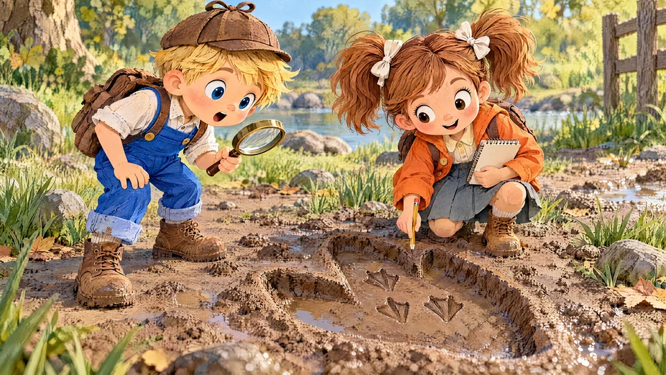 John dons a small brown detective hat while Julia crouches with her notebook beside a huge three-toed track containing three tiny webbed footprints.