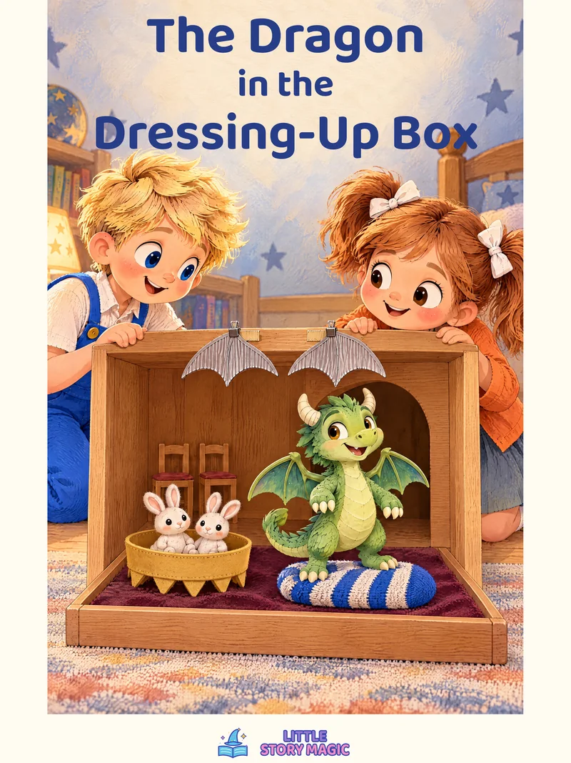 John and Julia look into a little box theatre where green dragon Tumble stands beside two toy rabbits.