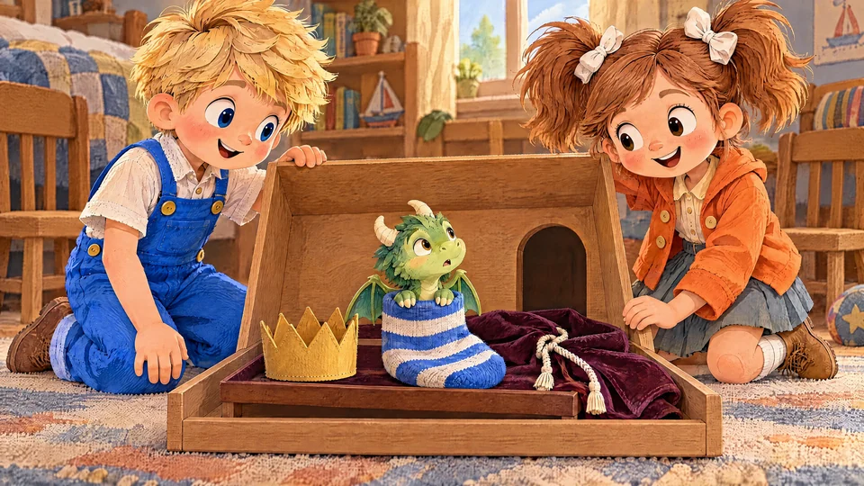 John and Julia open a dressing-up box as Tumble peeks from a striped sock.