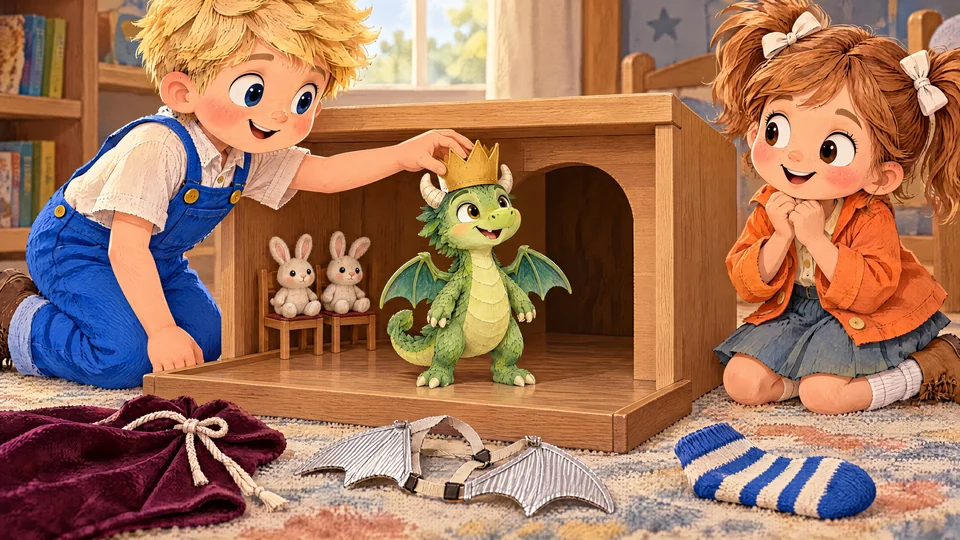 John places a crown between Tumble's horns; two toy rabbits wait in two tiny chairs.