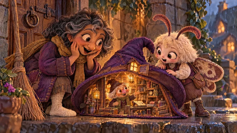 The Witch and Moth peek into a glowing little shop inside a tall violet hat.