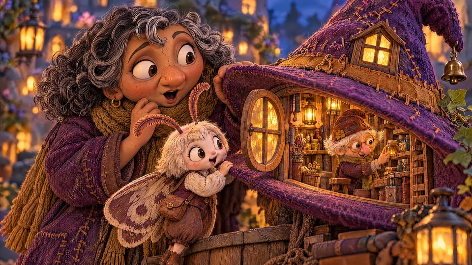 A tiny lit window opens in the hat’s brim and reveals Mister Button arranging his shop; Moth peers in while the Witch bends toward the discovery.