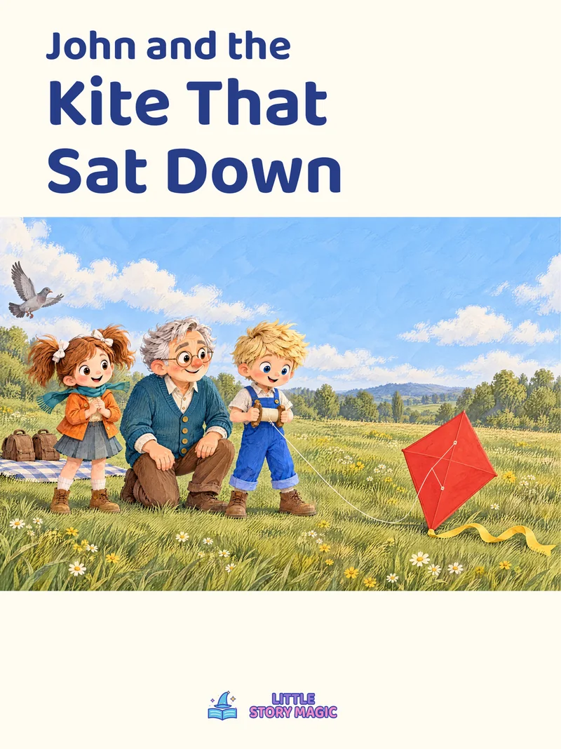 John, Julia and Papou wait in a sunny field beside a red kite with a yellow tail.