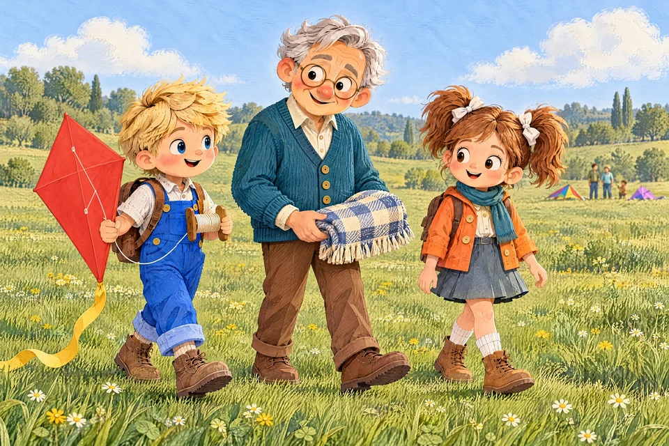 John carries the red kite and reel beside Papou and Julia.