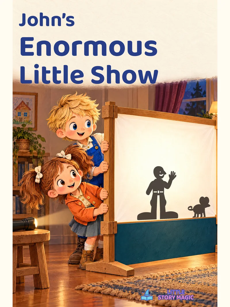 John and Julia peek around a small shadow-theatre screen showing a giant and a mouse.