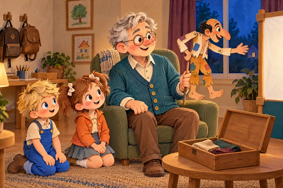 Papou opens his puppet box while John and Julia plan a mouse and a giant.