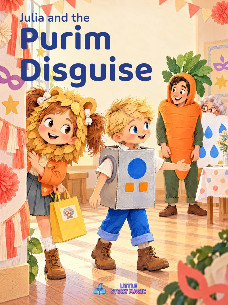 Julia in a lion mane and John in a cardboard robot costume search a colourful Purim party.