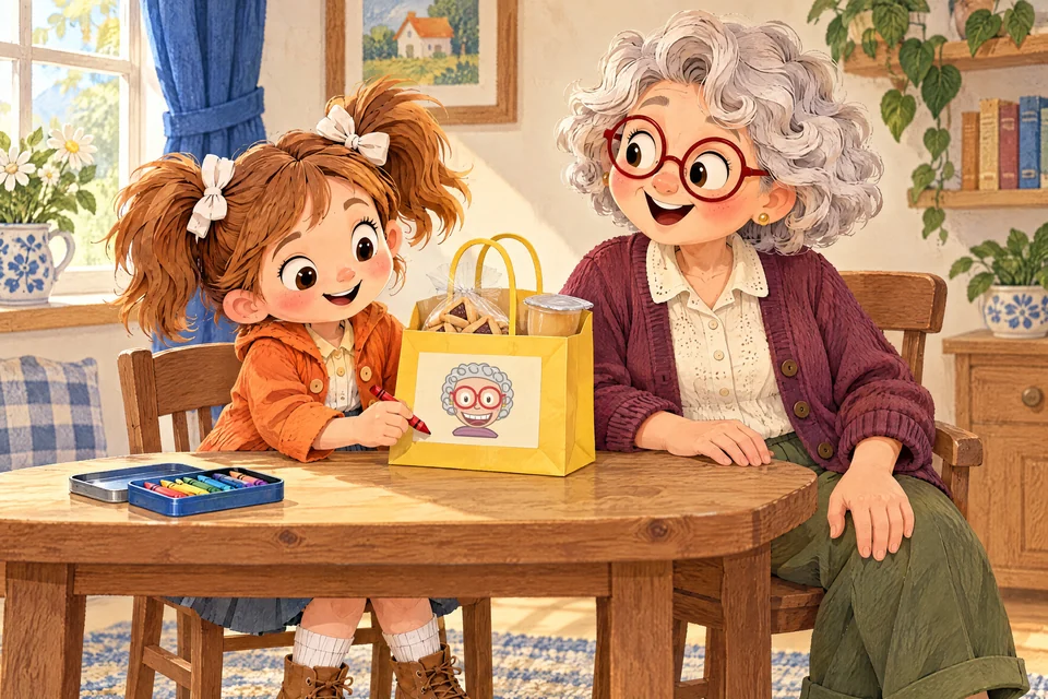 Julia draws Nana’s red glasses, silver curls and smile on the yellow food-gift bag.