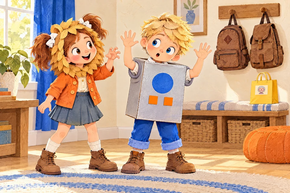 Julia wears her lion mane; John raises his real arms through a silver cardboard robot box.