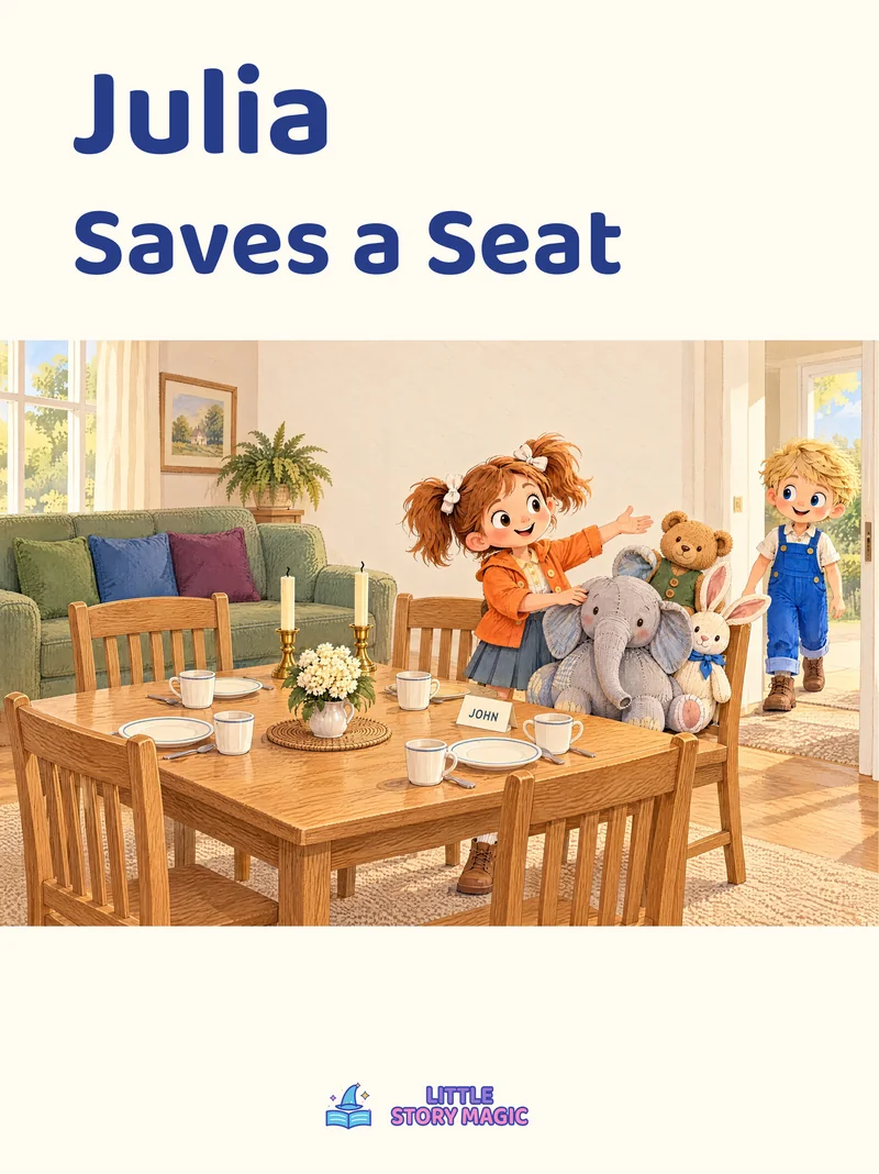 Julia arranges soft toys beside a set dining table as John arrives through the doorway.