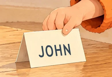 Julia’s hand holds the little place card reading JOHN.