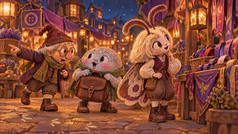 Mister Button hurries to Merry Moth and Pebble at the lantern-lit ribbon stall.