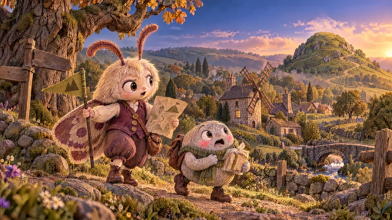 Moth and Pebble follow a mossy hill with their flag and breakfast bag.