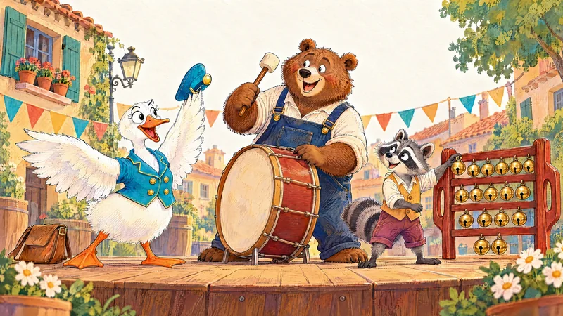 Goose conducts Bear on a large drum and Raccoon on a rack of bells.