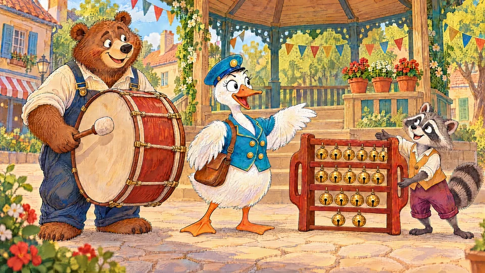 Goose welcomes Bear carrying enormous supported drum and Raccoon proudly presenting seventeen-bell rack. She gestures to rehearsal place, cap upright.
