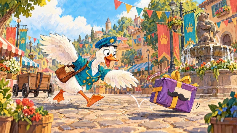 Goose reaches for a hopping purple parcel beneath colourful parade streamers.