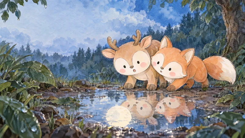 Deer and Fox peer at the bright moon reflected in a shallow woodland puddle.