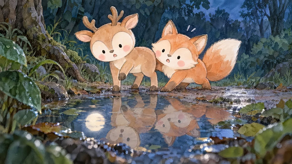 Deer stops at shallow path puddle, forehoof hovering at safe edge; Fox almost bumps her hindquarters, paws braced. Bright round moon reflection lies on still surface between rain-dark leaves.