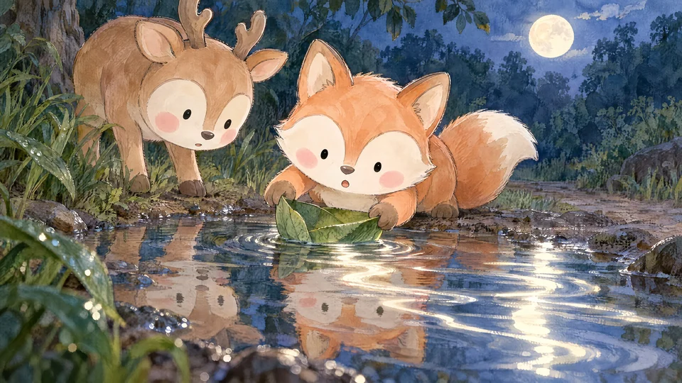 Fox slides folded broad leaf under reflected circle, concentrating; ripples stretch bright reflection into silver ribbons. Deer watches closely, lowered muzzle.