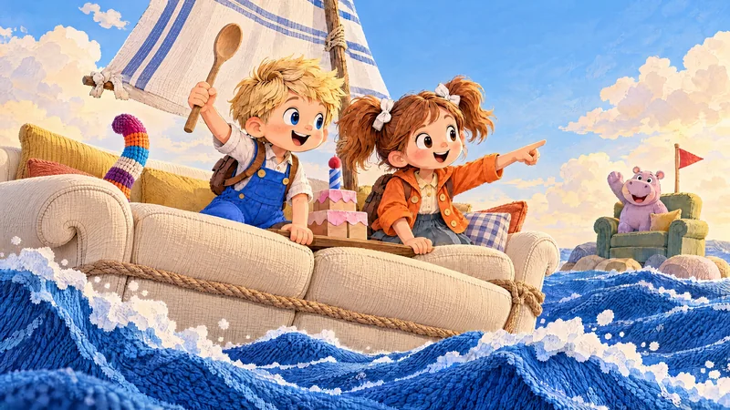 John and Julia sail a sofa ship across a knitted blue sea.