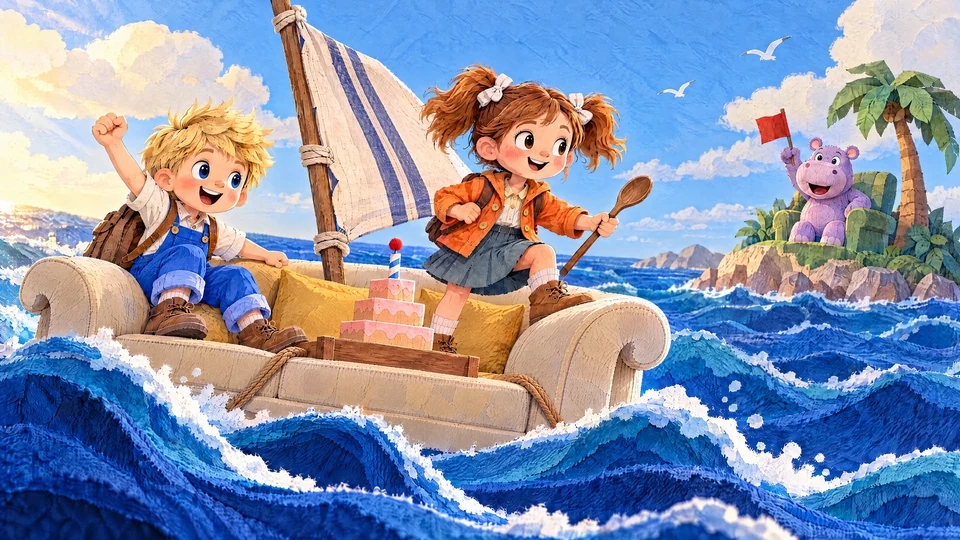 The sofa becomes a broad cushion ship as the children raise one striped tea-towel sail; Hippo waves a small red square flag from his armchair island.