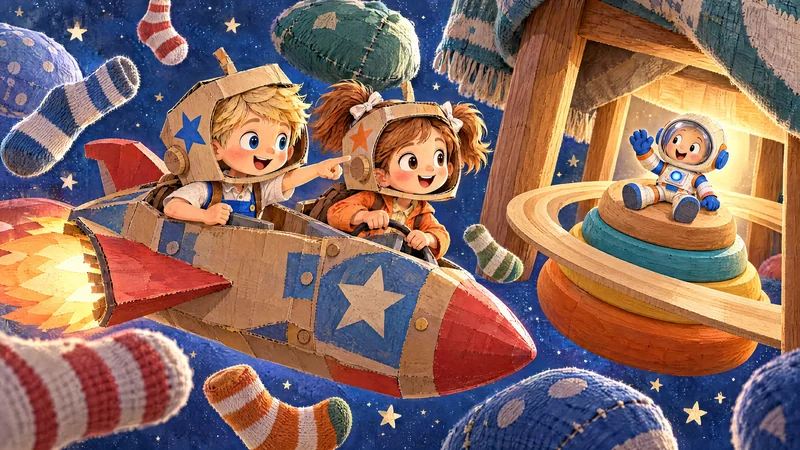 John and Julia fly a toy rescue ship through sock asteroids toward a stranded astronaut.