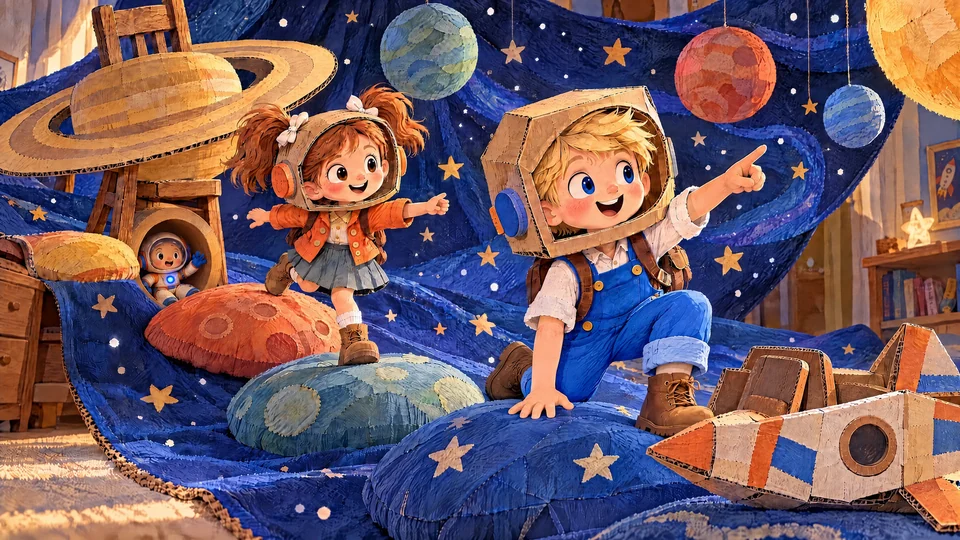 Julia hands out exactly two cardboard helmets as the rug opens into a room-made solar system; the chair and ring become their version of Saturn.