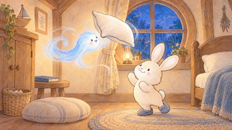 Bunny watches a little blue wind lift a pillow inside a cosy cottage.