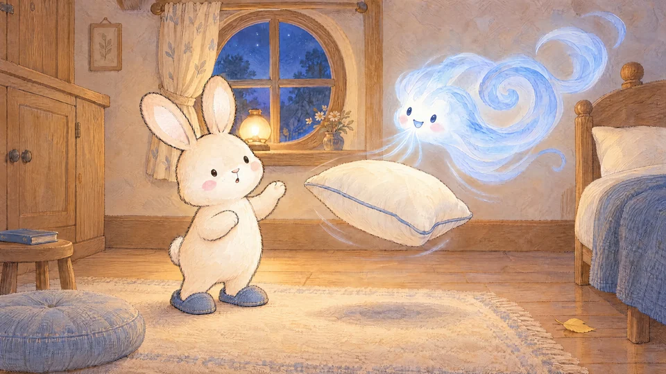 One spare guest pillow rises above floor with Wind curling underneath after a little puff. Bunny stands beside it, one paw lifted in mildly puzzled explanation; original bed pillow remains on bed.