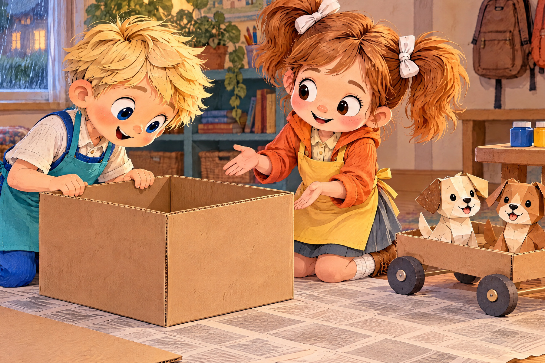 John peeks into an empty cardboard box while Julia welcomes the puppies.
