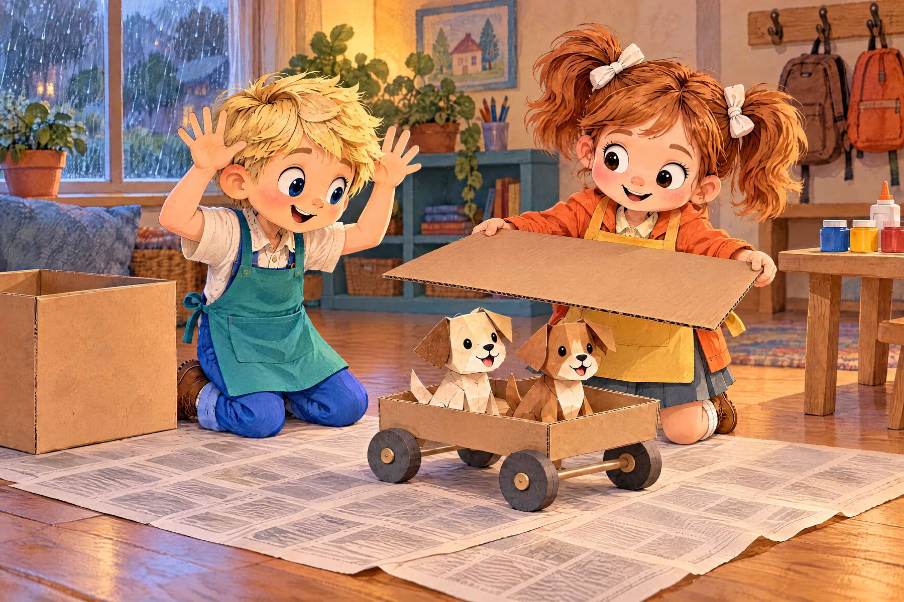 Julia holds a broad flat cardboard panel above the two paper puppies.