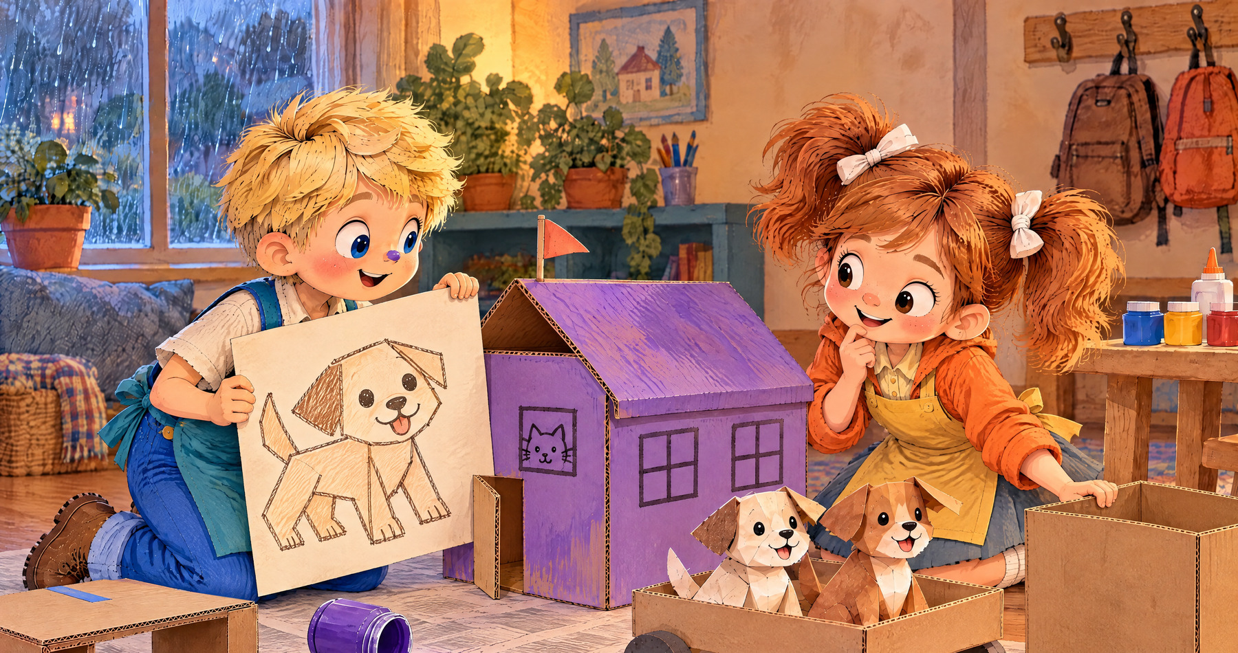 John holds up his giant paper dog drawing while Julia rests a hand on another empty box.