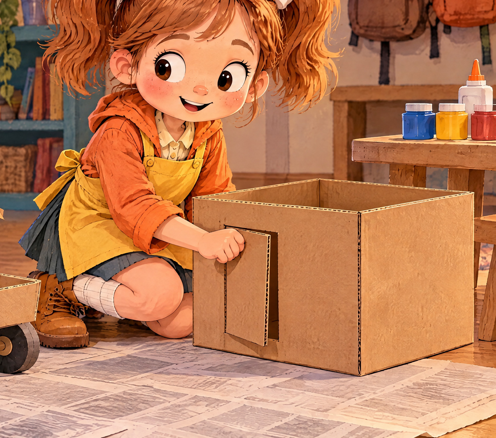 Julia knocks on a cardboard flap door in the roofless box.