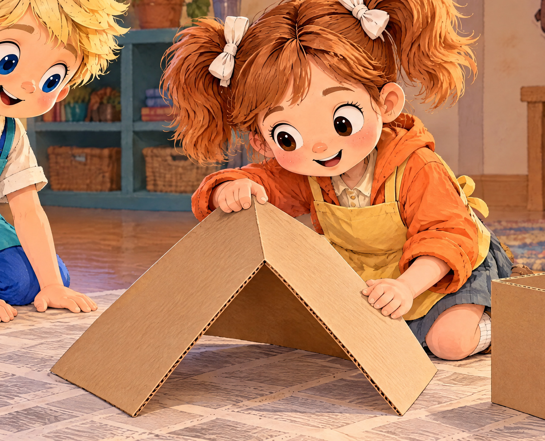Julia holds one folded cardboard panel like a little tent.
