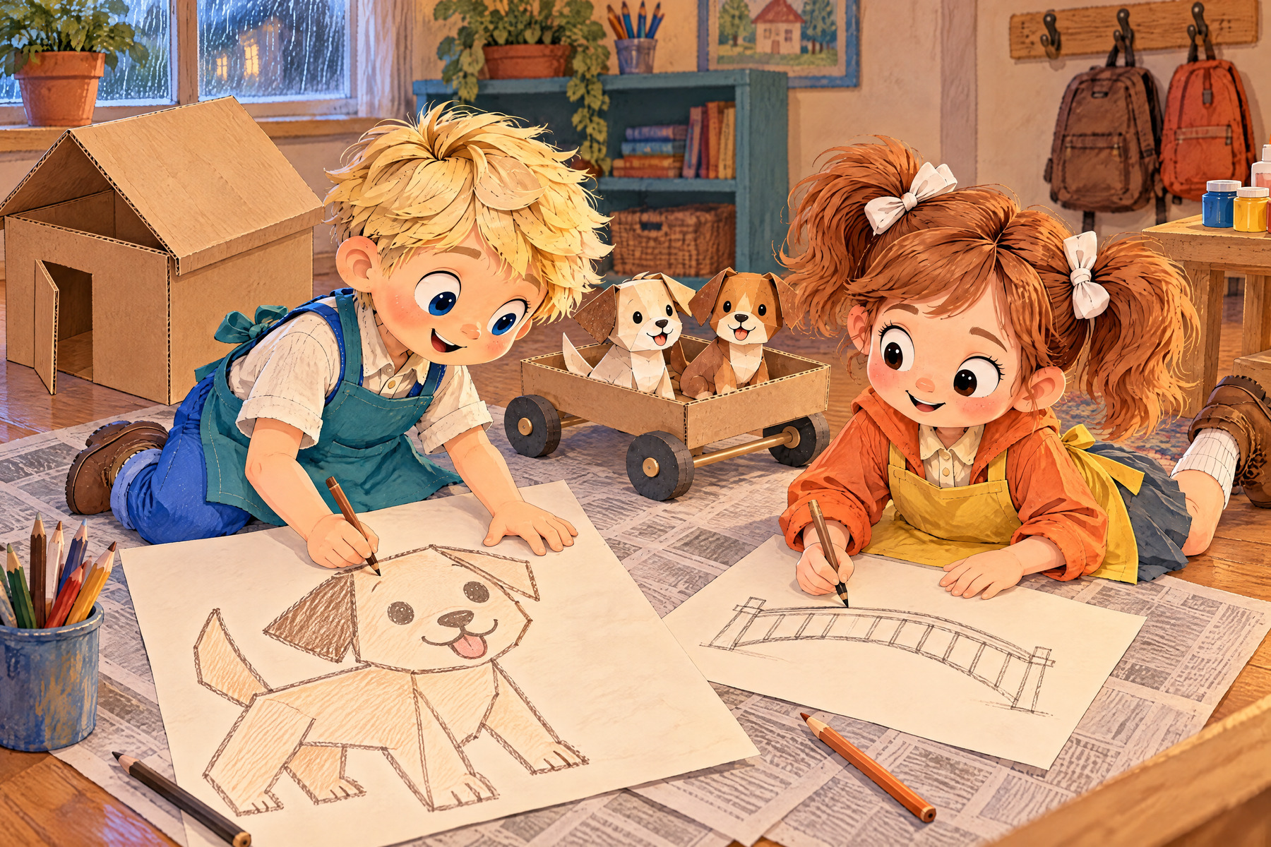 Julia sketches a bridge and John draws a very large dog on a paper sheet.