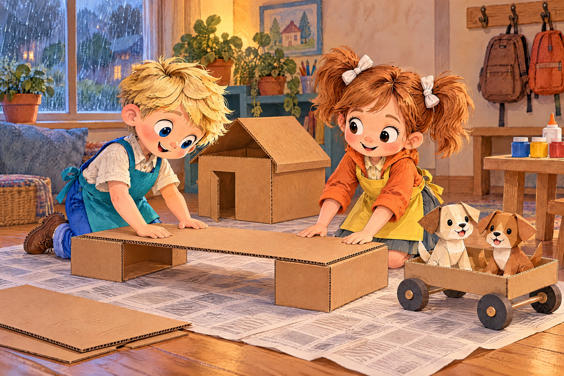 The children press a flat bridge deck onto two strong box ends; the puppy cart waits beside it.