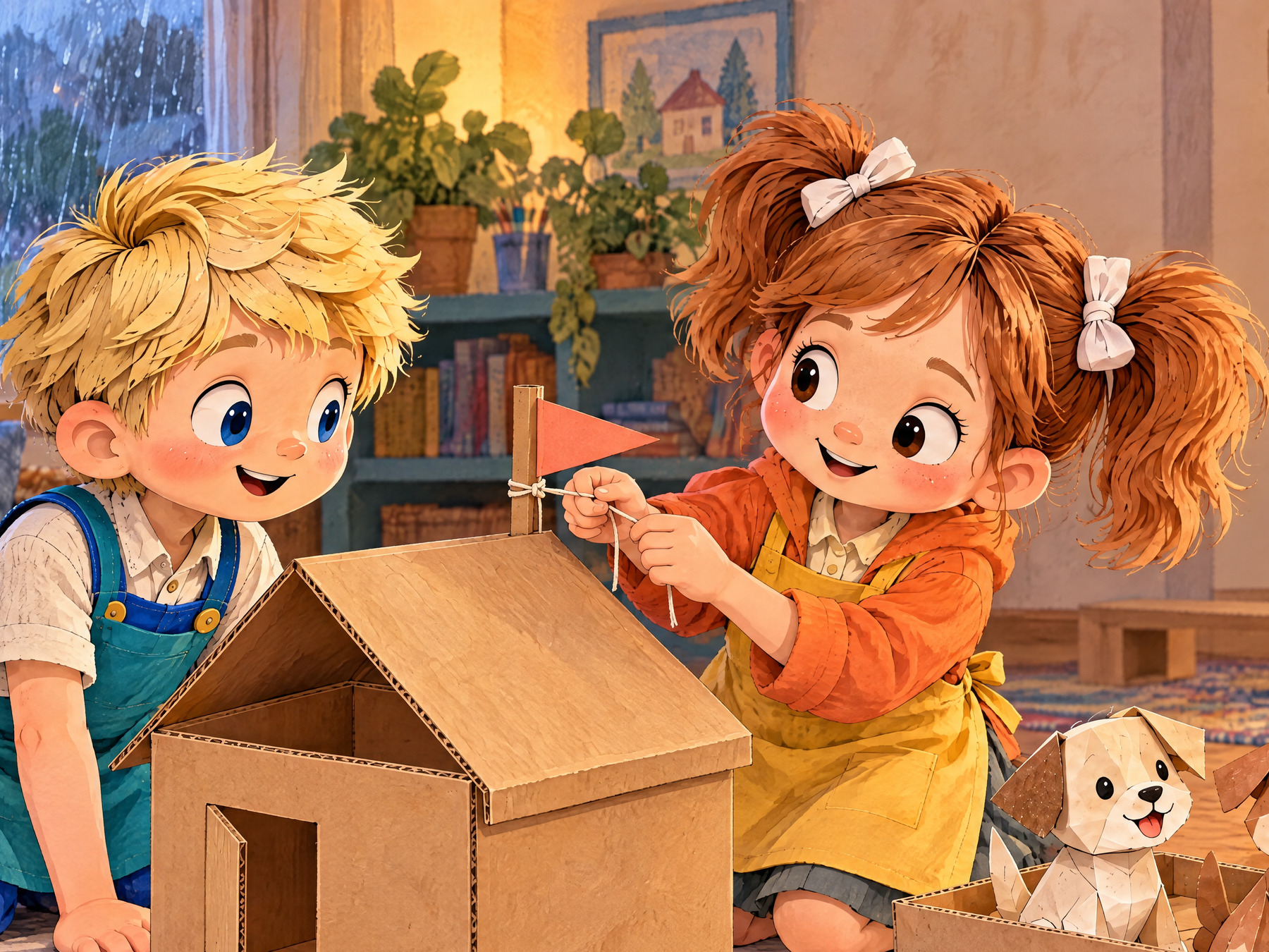 Julia ties a short string to a little coral flag on the house.