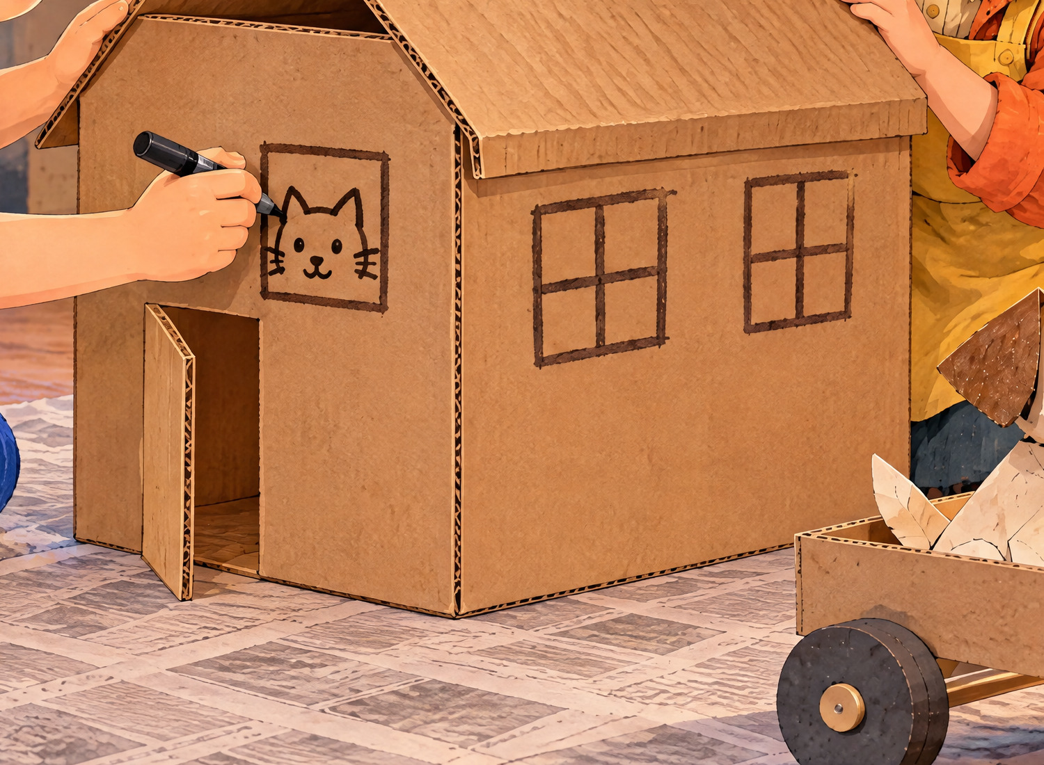 John draws a tiny cat in one window beside two plain drawn windows.