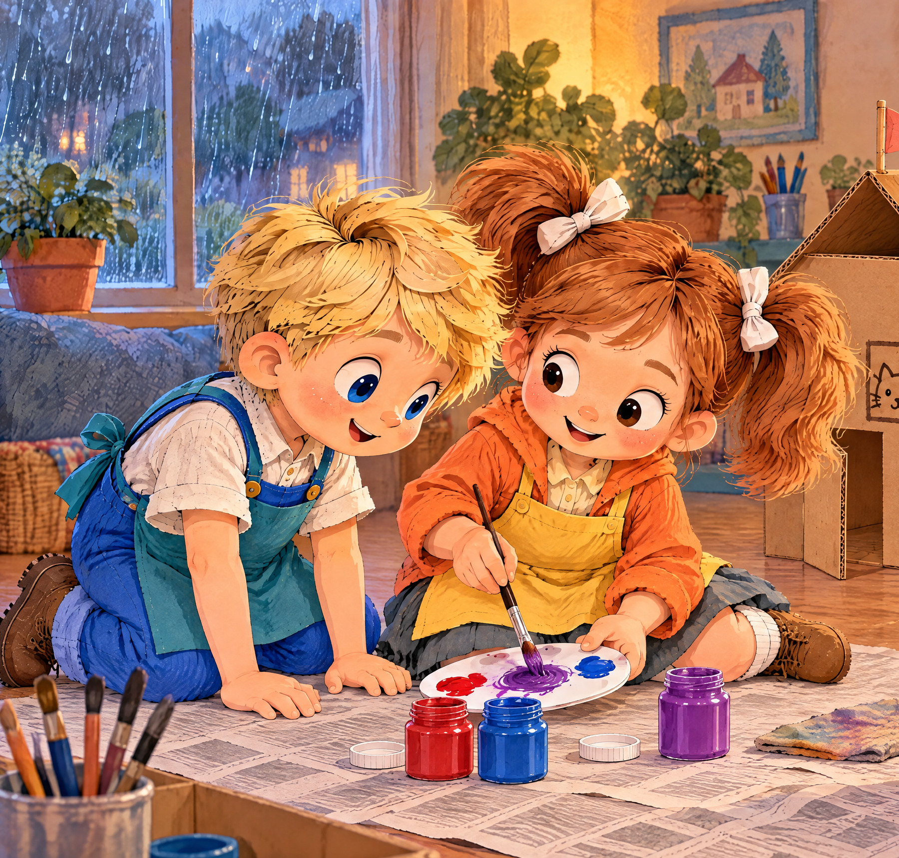 Julia stirs red and blue paint into violet while John leans closer.