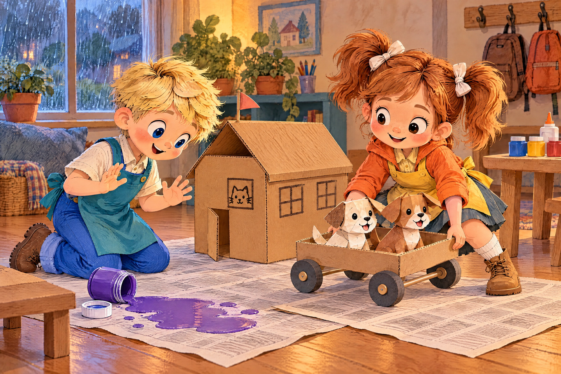 Julia holds the puppy cart safely on dry newspaper beside a violet paint spill.