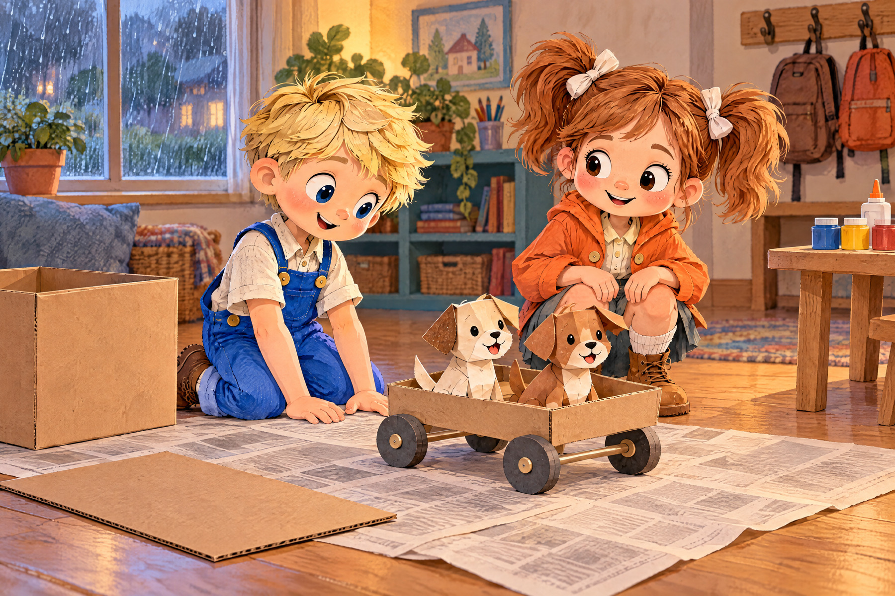 Two folded paper puppies wait in John’s little cart beside Julia and a cardboard box on a rainy day.