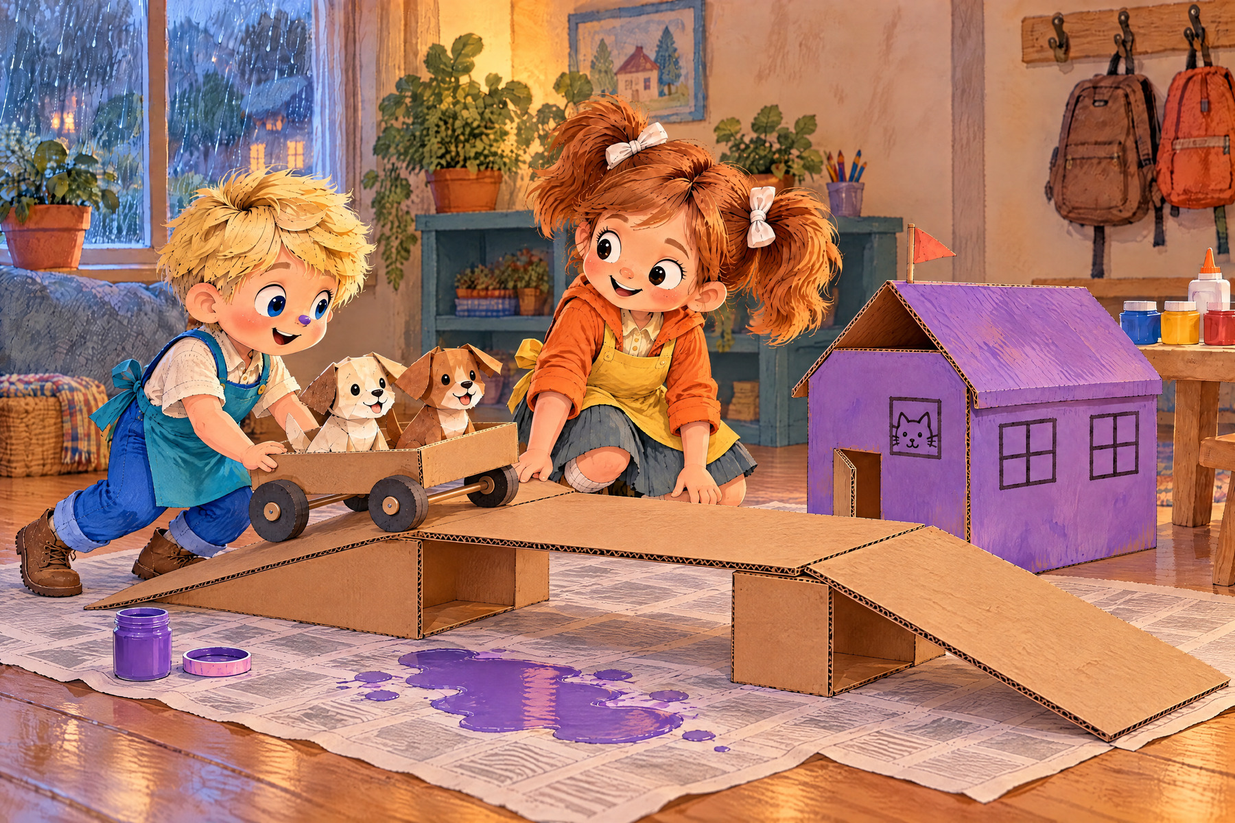 The puppy cart starts up a cardboard ramp resting against the low bridge.