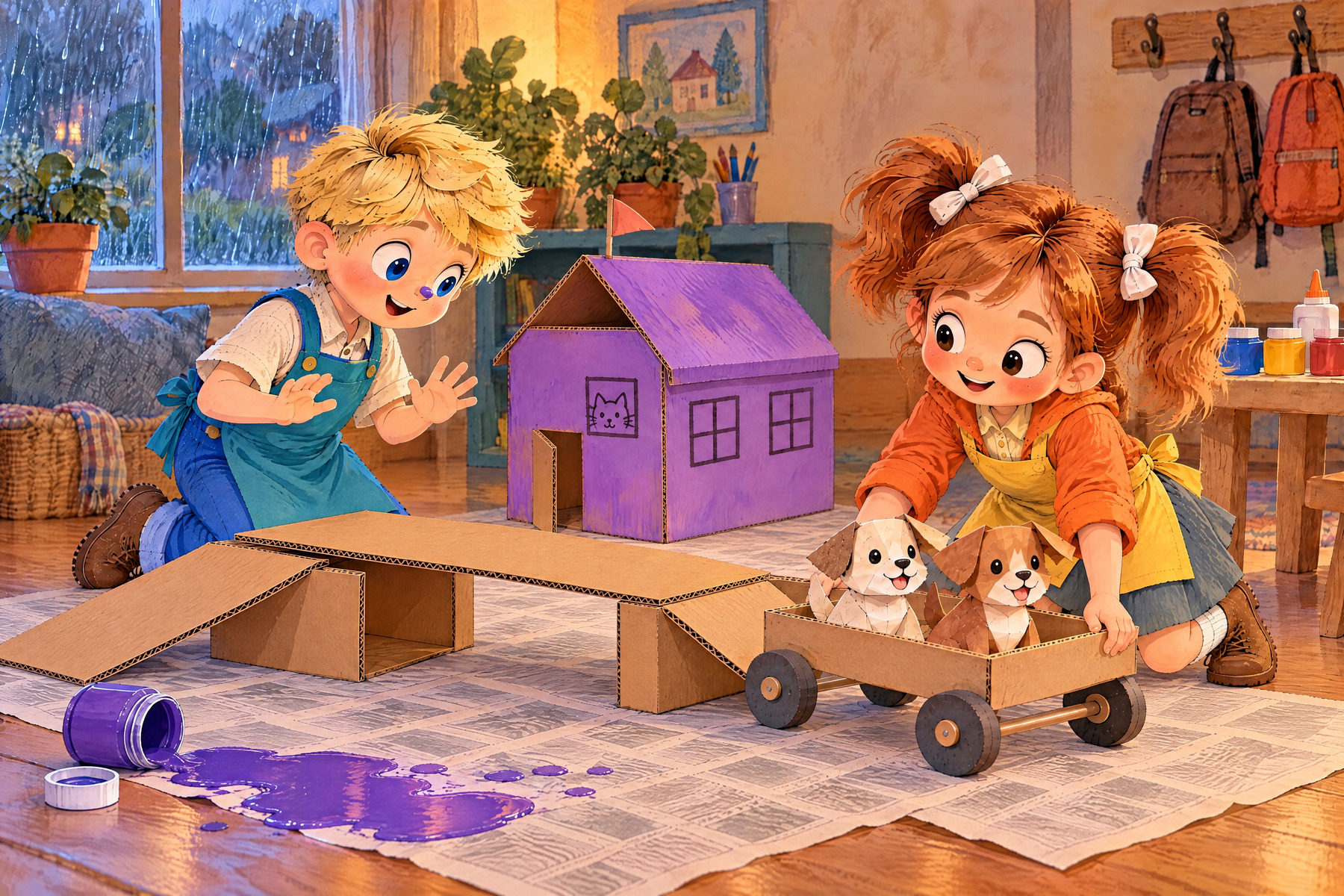 A ramp has slipped sideways and Julia catches the cart on the floor.