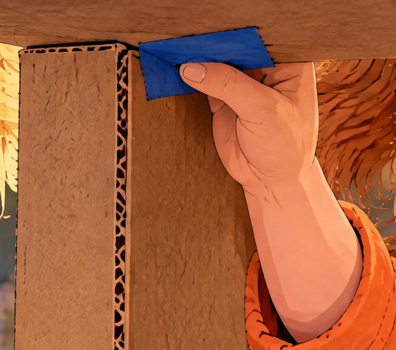 Julia presses a blue tape strip against the underside corner of the cardboard bridge, with her wrist and orange cuff visible.