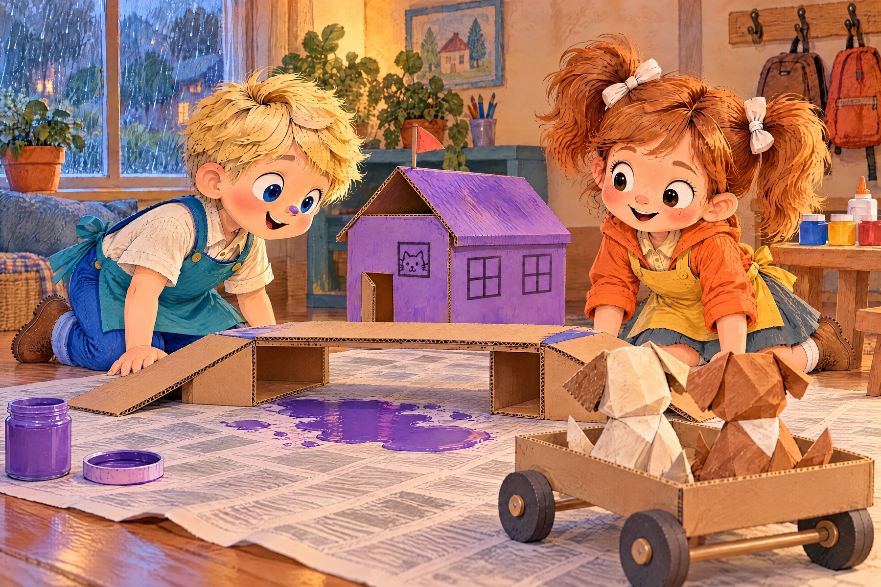 From behind the two paper puppies, the children look across the bridge toward the violet house.