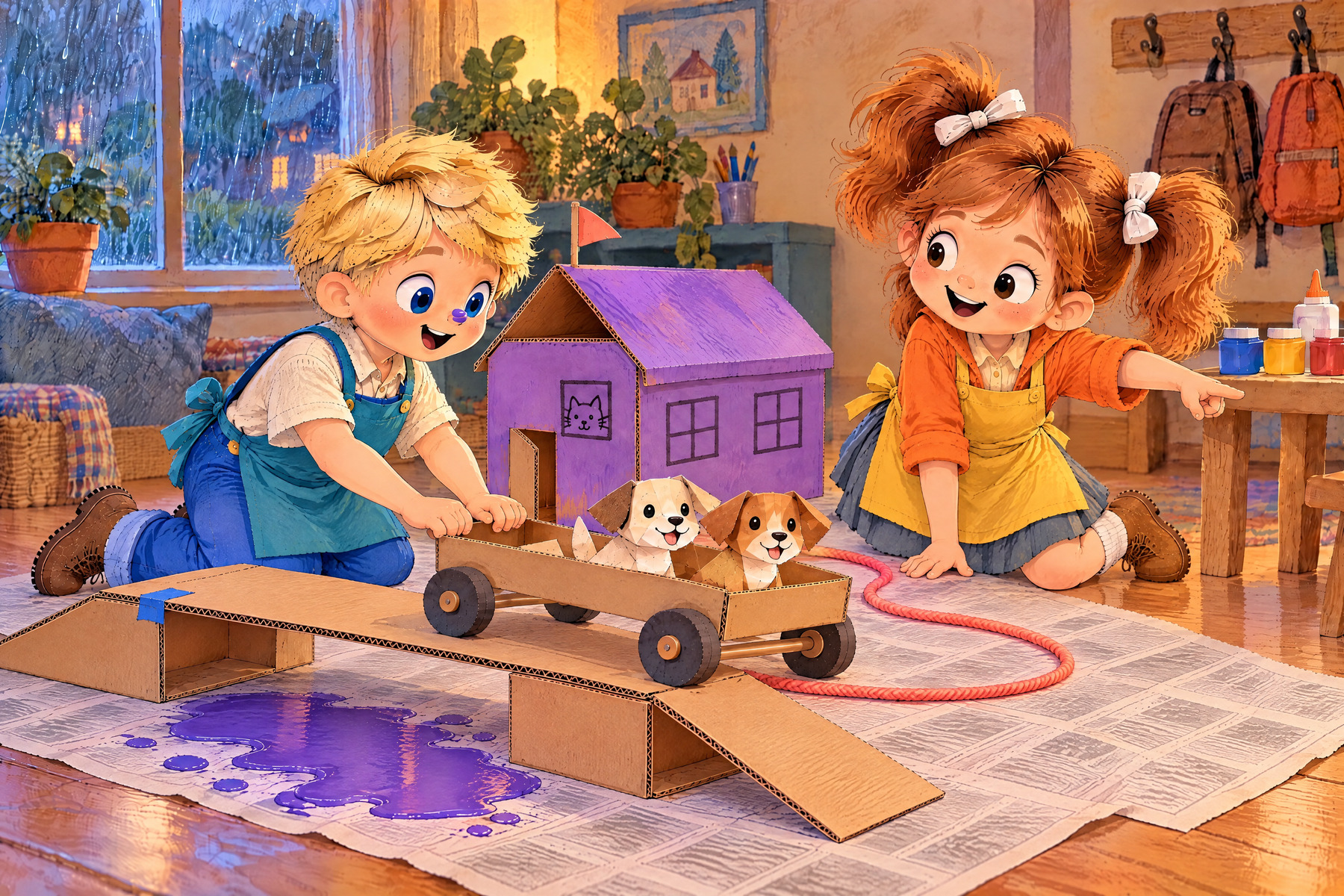 John pushes the puppy cart along the little town’s bridge as Julia points out the way.