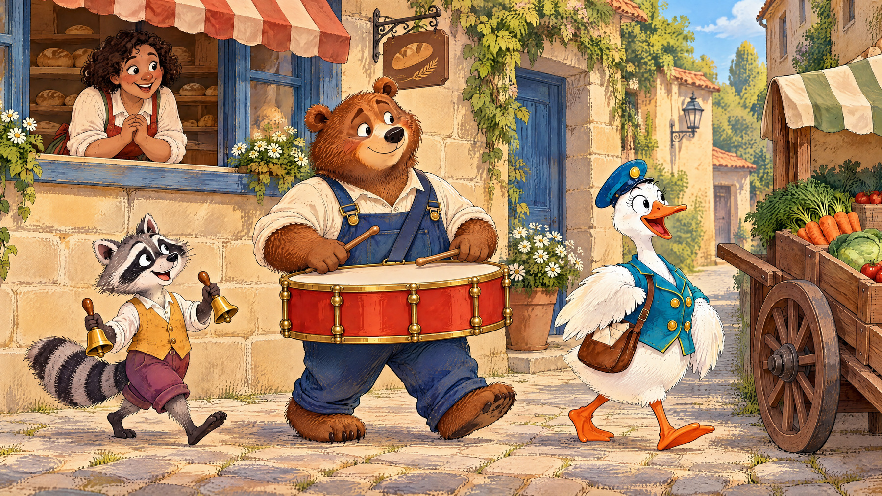 Goose leads Bear and Raccoon past the baker's window, carrying one drum and two bells.