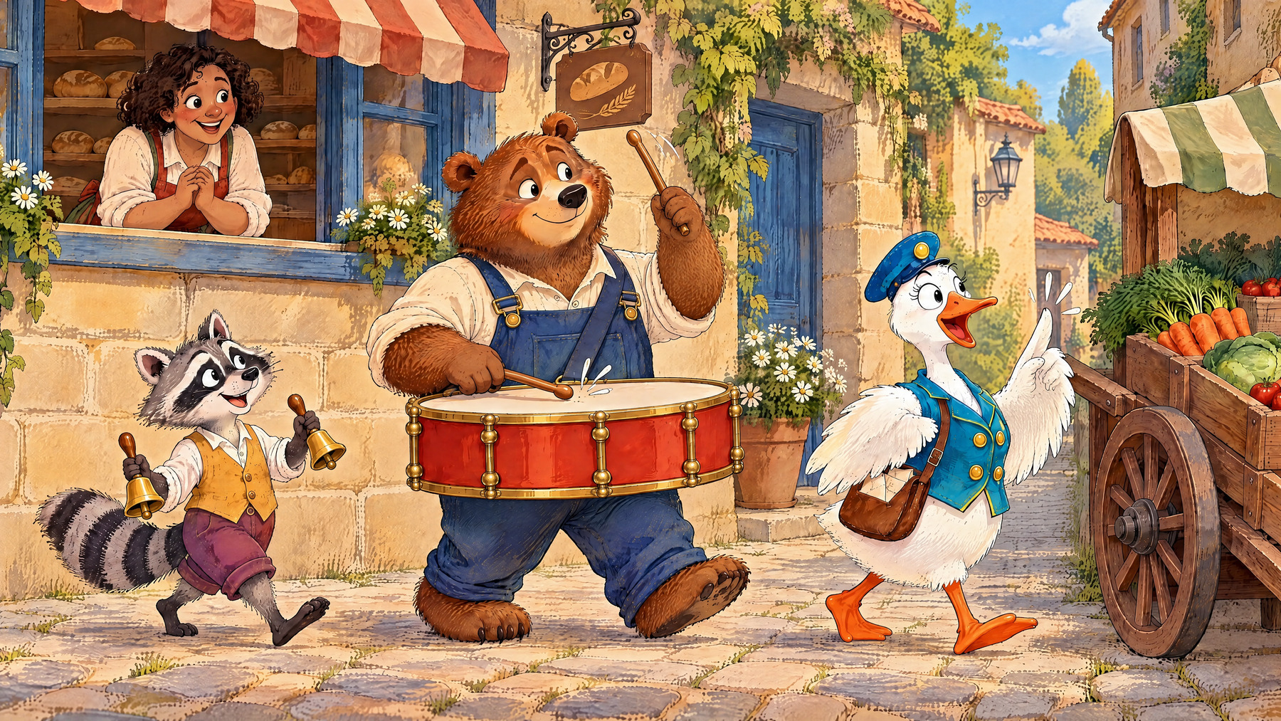 Bear raises a drumstick as Goose lifts a wing to count them in.