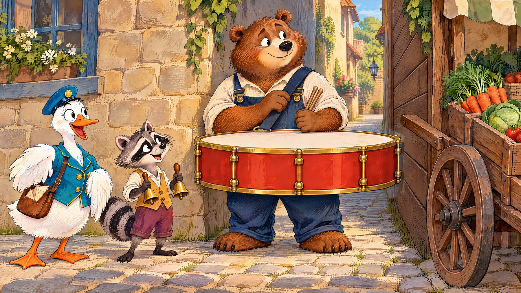Bear's wide drum blocks the narrow space between the wall and a wooden barrow.