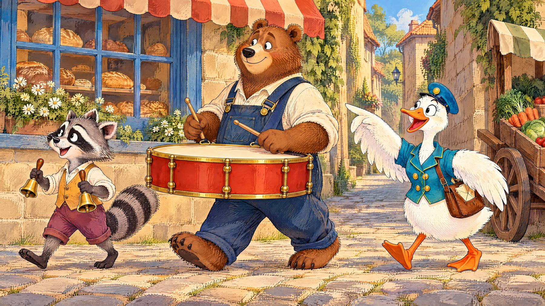 The friends face the other way in their places, with Raccoon now leading.